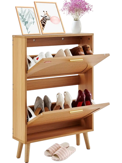 VEVOR Shoe Cabinet with 2 Flip Drawers, Shoe Storage Cabinet for Entryway, Free Standing Shoe Storage Organizer with Rattan Doors for Heels, Boots, Slippers in Hallway, Living Room