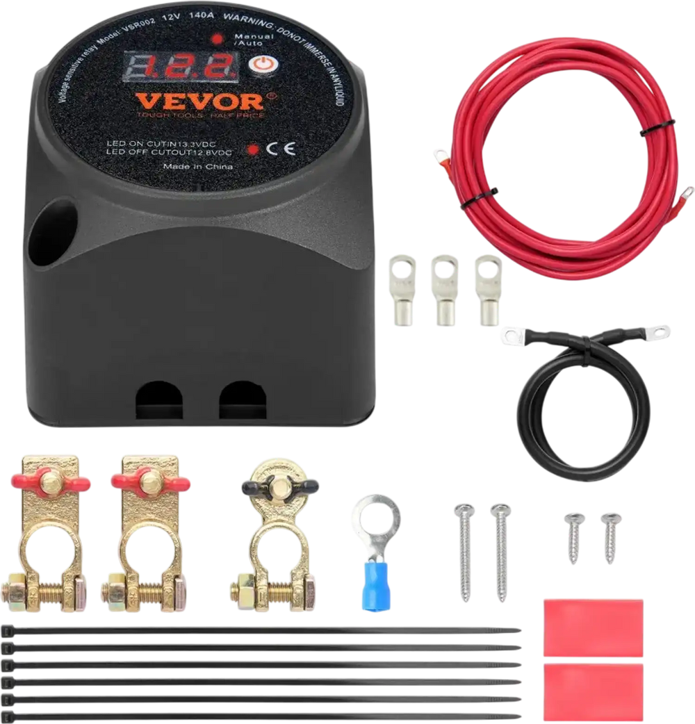 VEVOR Dual Battery Isolator Kit, 12V 140Amp, Manual and Auto Modes VSR Voltage Sensitive Relay with LCD Screen, Smart Battery Isolator for ATV UTV RV Camper Off-Road Vehicle Caravan Truck Boat Yacht