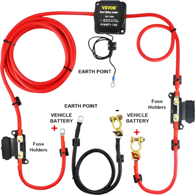 VEVOR Dual Battery Isolation Kit, 6m 12V, Auto Split Charge Relay System with 140AMP VSR, Fits RVs, Marine Crafts, Cars, Trucks, Caravans, Campers, Yachts, ATVs, UTVs, and Boats Workshop