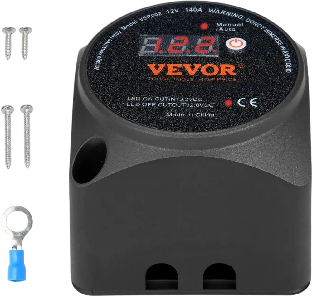 VEVOR Dual Battery Isolator Kit, 12V 140Amp, Manual and Auto Modes VSR Voltage Sensitive Relay with LCD Screen, Smart Battery Isolator for ATV UTV RV Camper Off-Road Vehicle Caravan Truck Boat Yacht