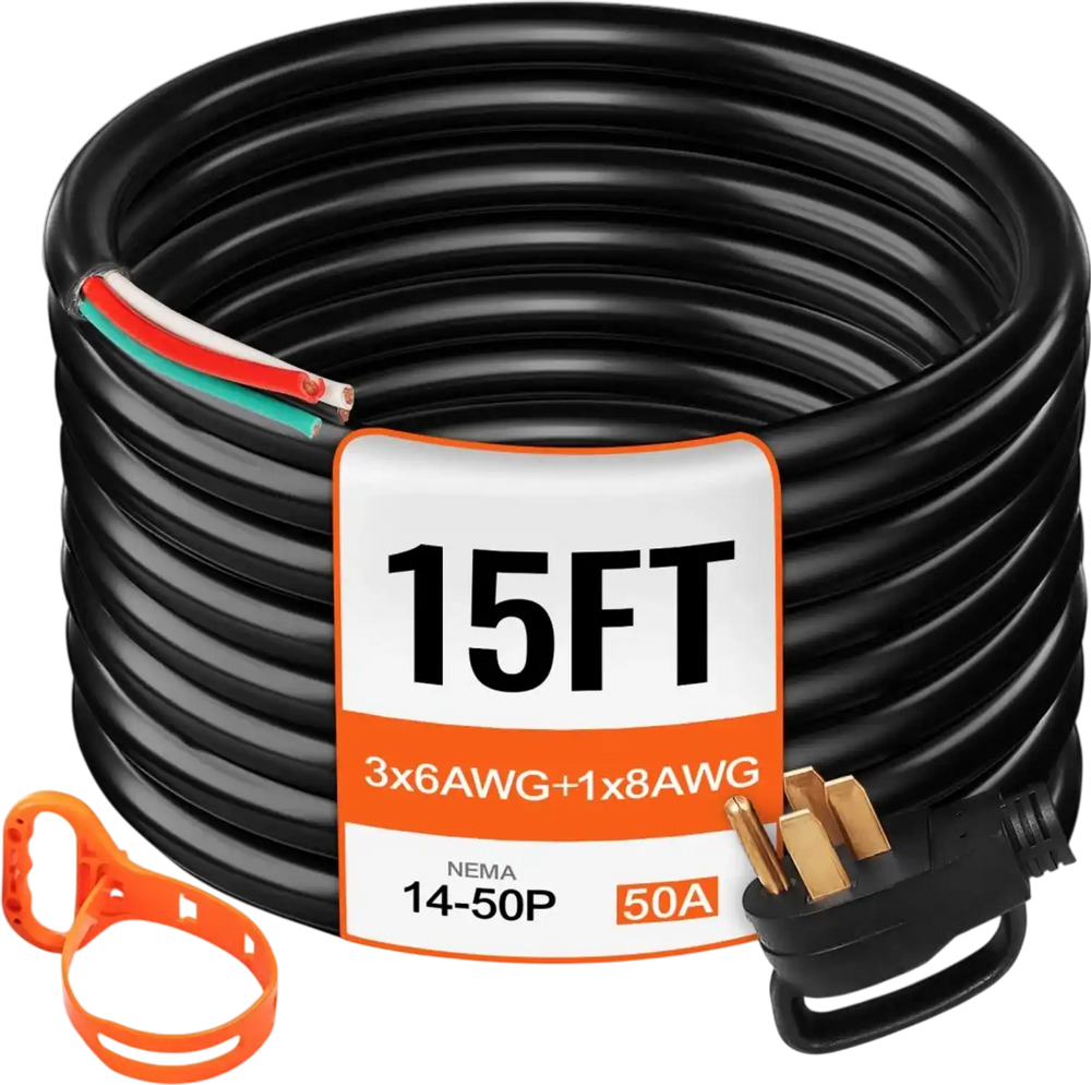 VEVOR 15 ft 50A RV Camp Power Cord Generator Cord 6/3+8/1 AWG NEMA 14-50P to Bare Wire