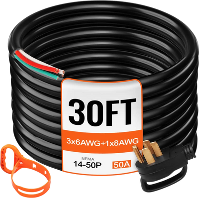 VEVOR 30' 50A RV Camp Power Cord Generator Cord 6/3 + 8/1 AWG NEMA 14-50P to Bare Wire