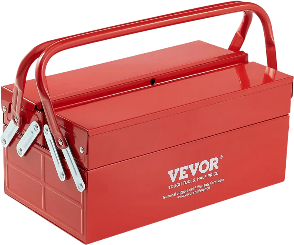 VEVOR Metal Tool Box, 14-inch, 2-Tier 3-Tray Portable Folding Tool Chest Organizer with Handle & Lock Hole, Powder Coated Steel, Cantilever Toolbox for Household Factory Warehouse Repair Shop, Red