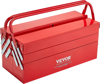 VEVOR Metal Tool Box, 18-inch, 3-Tier 5-Tray Portable Folding Tool Chest Organizer with Handle & Lock Hole, Powder Coated Steel, Cantilever Toolbox for Household Factory Warehouse Repair Shop, Red