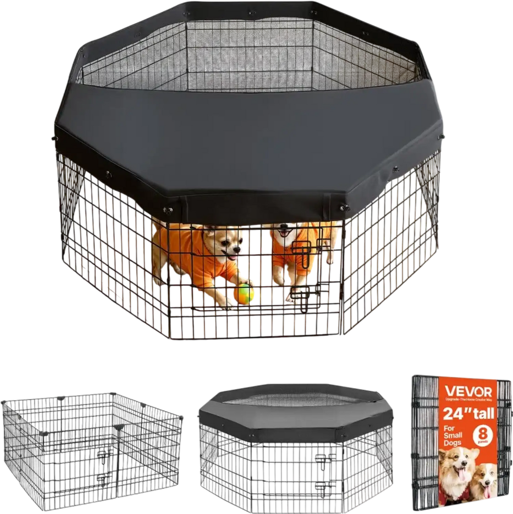 VEVOR Dog Playpen 24 Inch 8 Panels Foldable Exercise Pen with Top Cover, Indoor Metal Pet Fence with Door, Heavy Duty Puppy Crate Kennel, Pet Playpen for Dogs, Cats, and Other Small Animals, Black