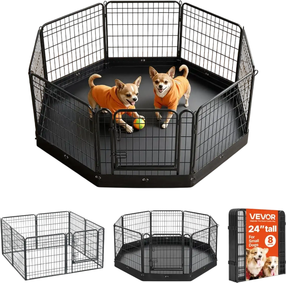 VEVOR Dog Playpen 24 Inch 8 Panels Foldable Exercise Pen with Bottom Pad, Indoor Metal Pet Fence with Door, Heavy Duty Puppy Crate Kennel, Pet Playpen for Dogs, Cats, and Other Small Animals, Black