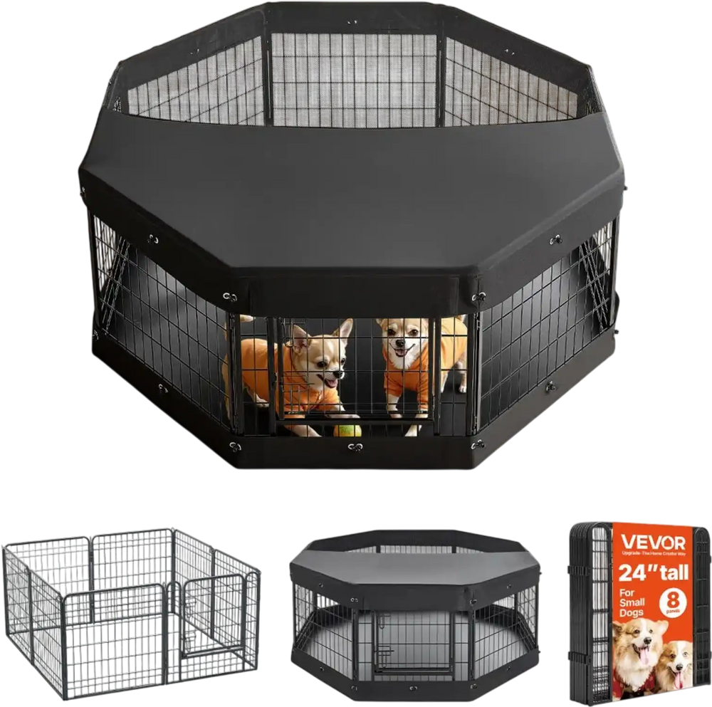 VEVOR Dog Playpen 24 Inch 8 Panels Heavy Duty with Top Cover & Bottom Pad, Indoor Foldable Metal Exercise Pen Pet Fence with Door, Puppy Crate Kennel Pen for Dogs, Cats, and Other Small Animals, Black