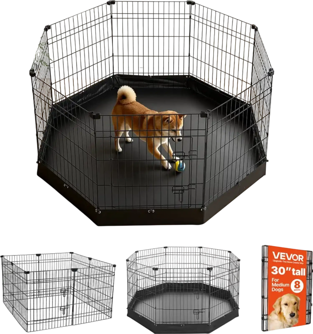 VEVOR Dog Playpen 30 Inch 8 Panels Foldable Exercise Pen with Bottom Pad, Indoor Metal Pet Fence with Door, Heavy Duty Puppy Crate Kennel, Pet Playpen for Dogs, Cats, and Other Small Animals, Black
