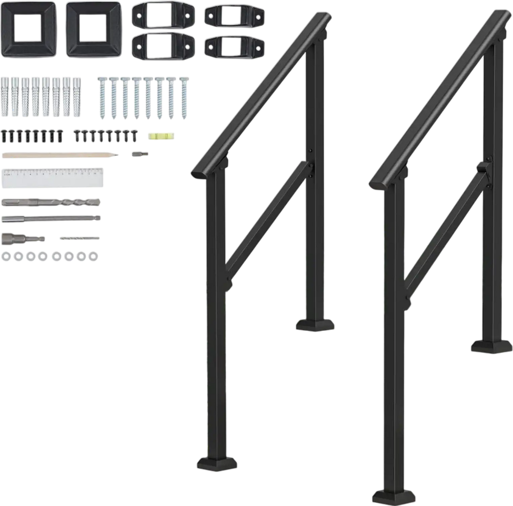 VEVOR Handrails for Outdoor Steps, 2 PCS 2-3 Step Stair Hand Rail Kit, Transitional Carbon Steel Railings with Installation Kit, Stair Rails for Seniors, Concrete & Porch & Deck, Black Square Tube