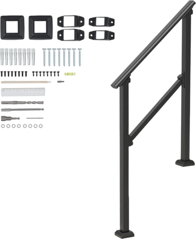 VEVOR Handrails for Outdoor Steps, 2-3 Step Stair Hand Rail Kit, Transitional Carbon Steel Railings with Installation Kit, Stair Rails for Seniors, Concrete Steps & Porch & Deck, Black Square Tube