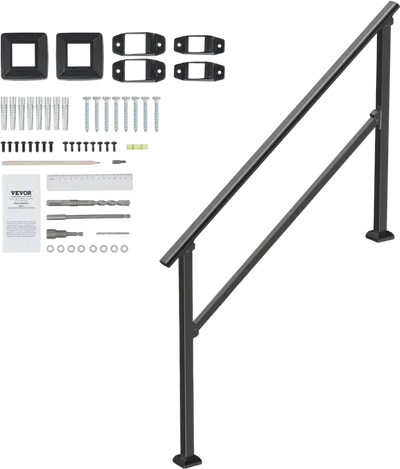 VEVOR Handrails for Outdoor Steps, 4-5 Step Stair Hand Rail Kit, Transitional Carbon Steel Railings with Installation Kit, Stair Rails for Seniors, Concrete Steps & Porch & Deck, Black Square Tube
