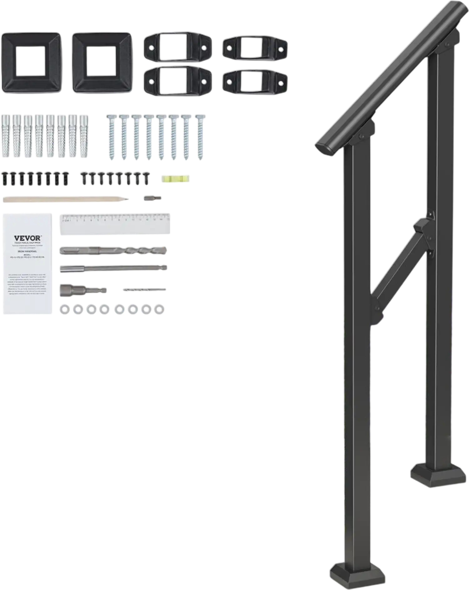 Vevor Handrail Outdoor Stair Rail for 1-2 Steps Black Square Tube New