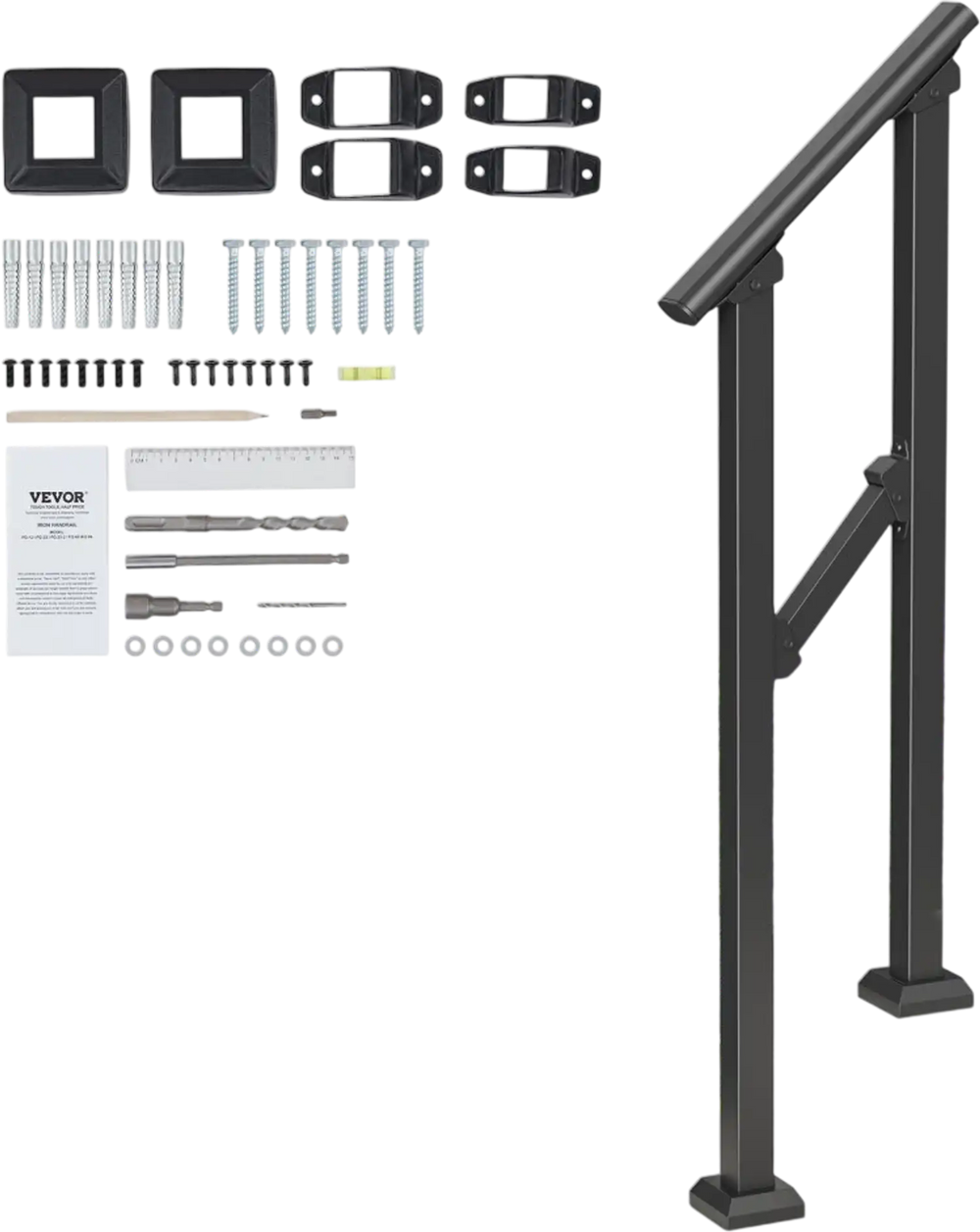 VEVOR Handrails for Outdoor Steps, 1-2 Step Stair Hand Rail Kit, Transitional Carbon Steel Railings with Installation Kit, Stair Rails for Seniors, Concrete Steps & Porch & Deck, Black Square Tube
