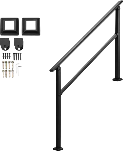 VEVOR Outdoor Handrails for Steps, 4-5 Step Stair Rail Kit, Black Square Tube with Horizontal Bar, Carbon Steel Support Rails for Seniors, Concrete & Deck Stairs, Easy Installation