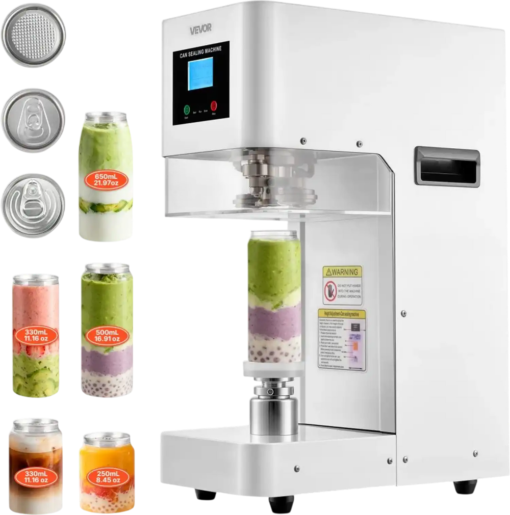 VEVOR Can Sealer Machine, Automatic Commercial Soda Can Sealing Machine for 2.17 in (55 mm) Aluminum and Plastic Cans, Height Adjustable, Steel Housing Beverage Drink Seamer, for Coffee Shop, White
