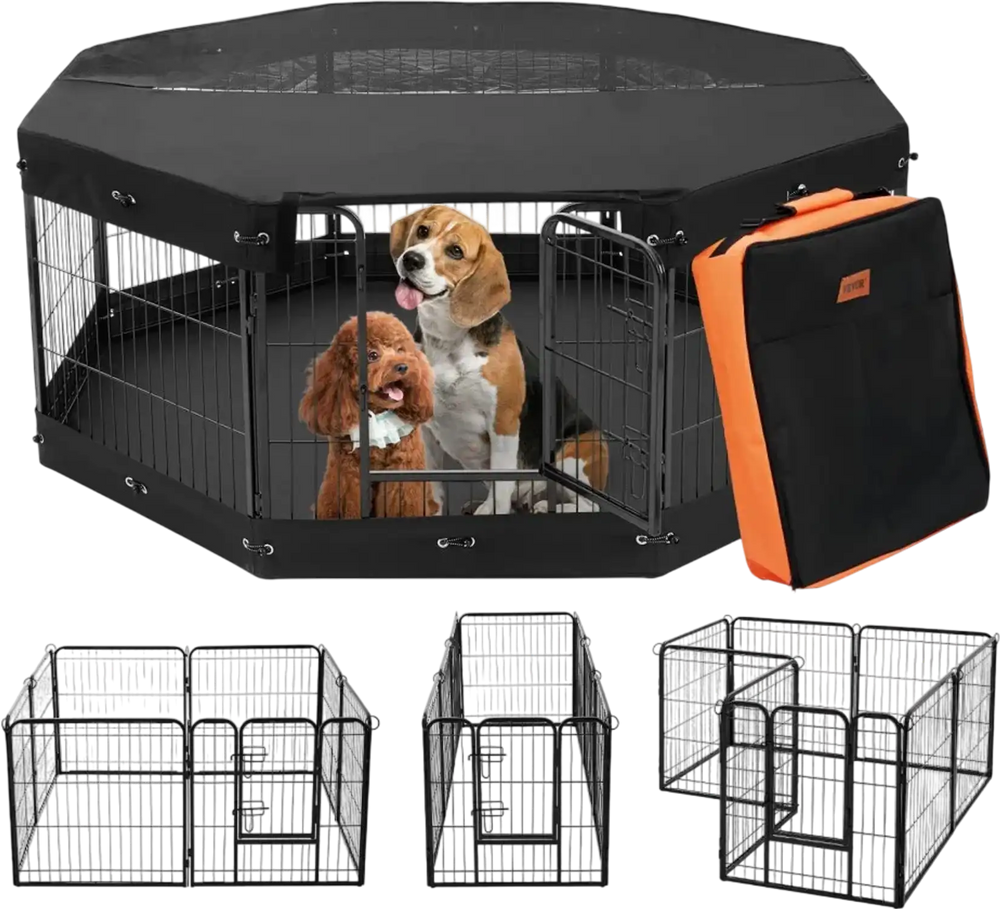 VEVOR Dog Playpen, 8 Pcs 24 x 24 in Panels Foldable Metal Pet Exercise Pen, Dog Fence Indoor and Outdoor Pen with Door, Storage Bag, Top Cover and Bottom Pad, for Dogs, Cats and Other Small Animals
