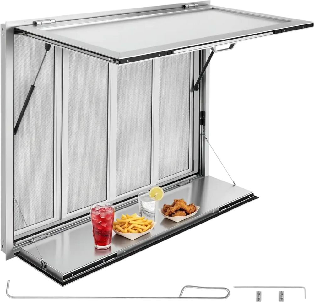 VEVOR Concession Window Folding Shelf 48x36in Aluminum Alloy Service Window, for Food Truck, Up to 85 Degrees, with 4 Sliding Screen Windows, Awning Door and Drag Hook, Rainwater Resistant