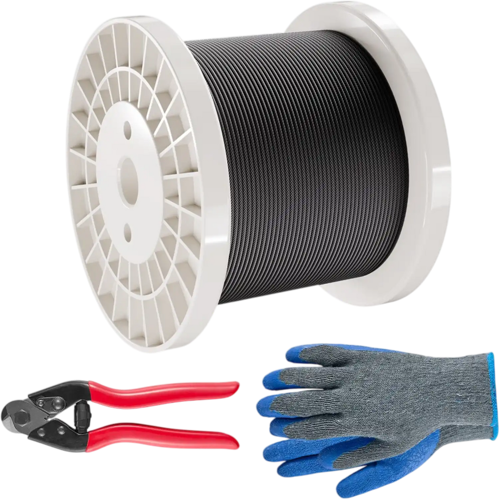 VEVOR Wire Rope Kit, 1/8" 500 ft 316 Stainless Steel Cable with Cutter and Gloves, 1600 lbs Breaking Strength, 7x7 Strands Core Marine Aircraft Grade for Handrail Stair Decking Fence Outdoors, Black