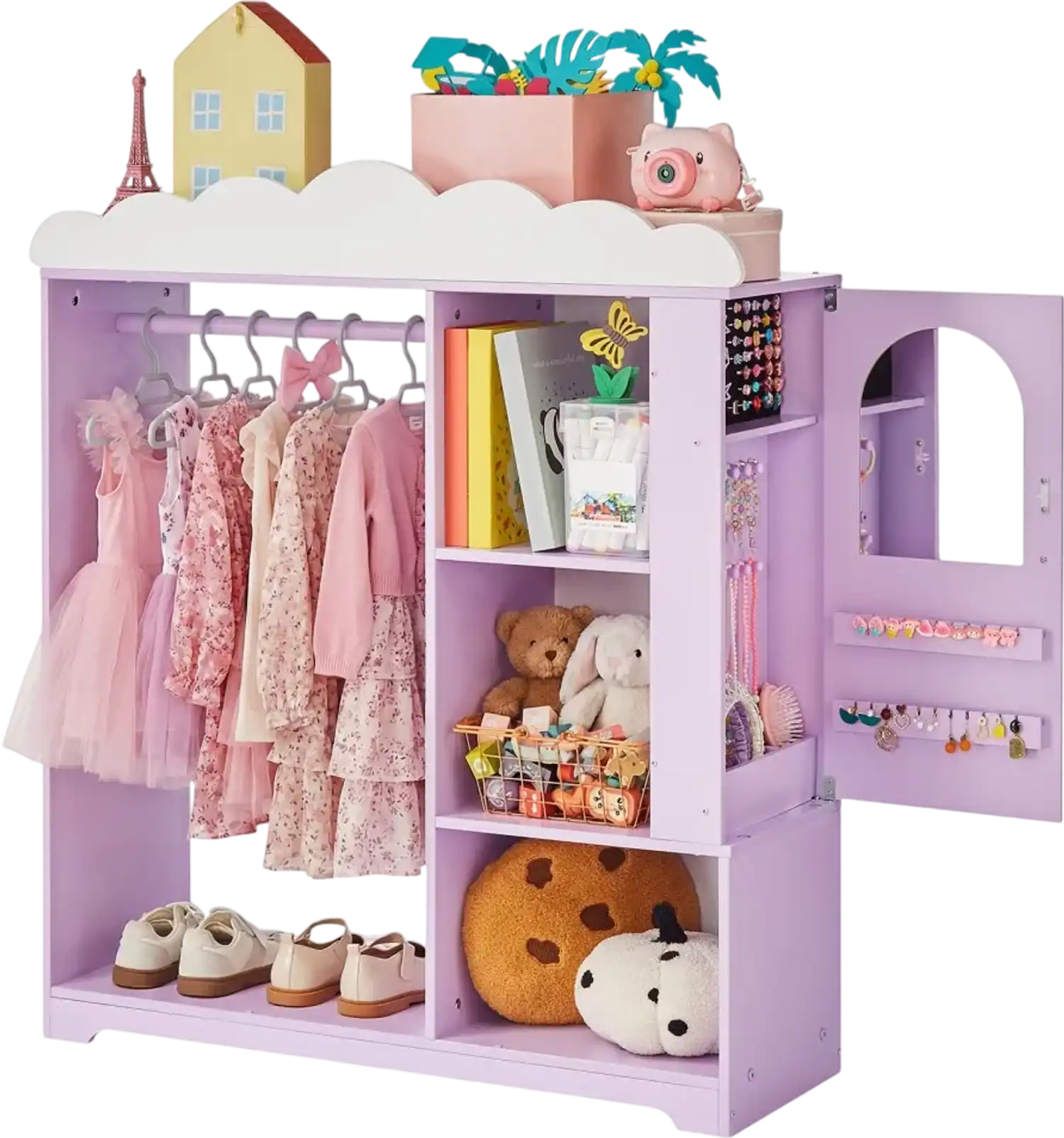 Vevor Kids Armoire Dress-Up Closet with Mirror and Shelves Purple New
