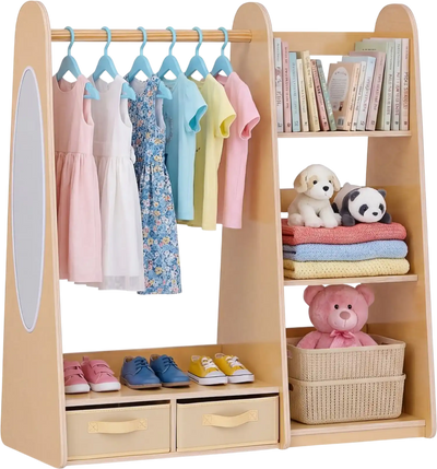VEVOR Kids Dress Up Storage, with Mirror, Dress Up Closet, Toddler Wardrobe Closet for Little Girls, Armoire with Shelves & Bottom Tray, Costume Organizer, Toddler Room Furniture, for Bedroom, Natural