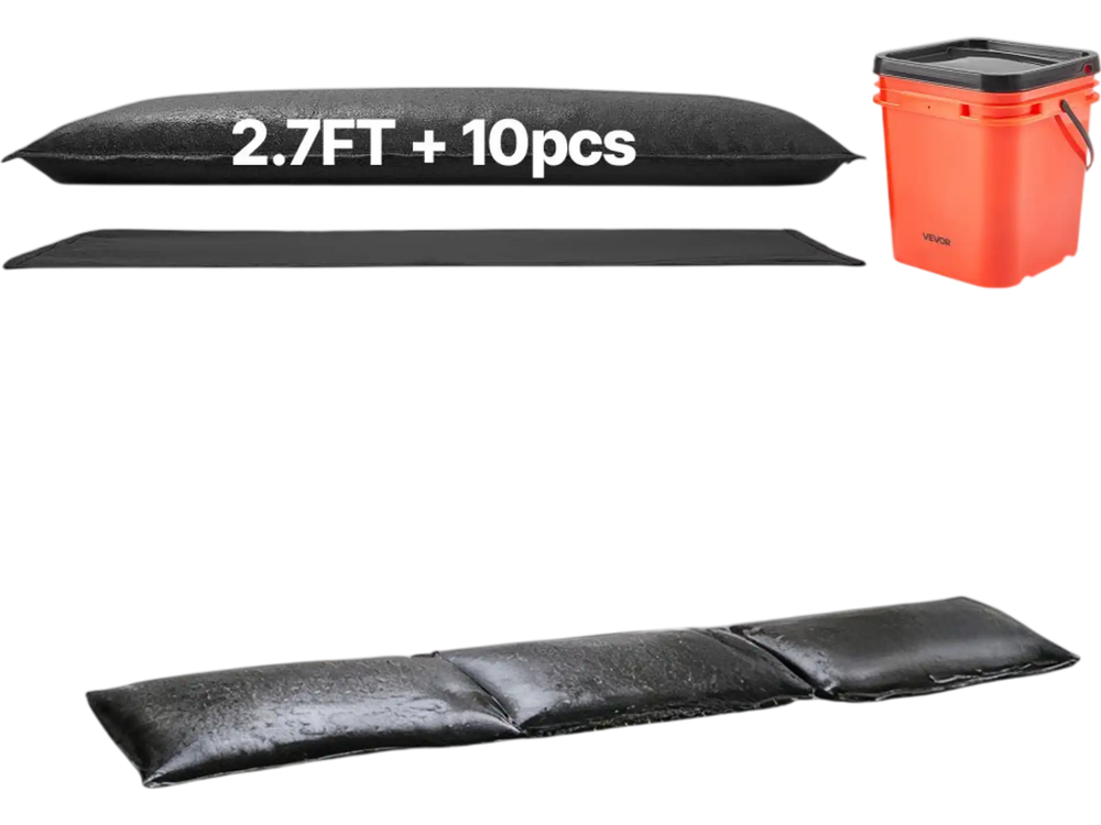 VEVOR Flood Barrier, 10 Pack, 1.4 x 2.7 ft Flood Bags with Bucket, Reusable Water Absorbent Barrier Activated by Water, Sandless Sandbags Blockage, Flooding Prevention Bags for Door, Basement, Garage