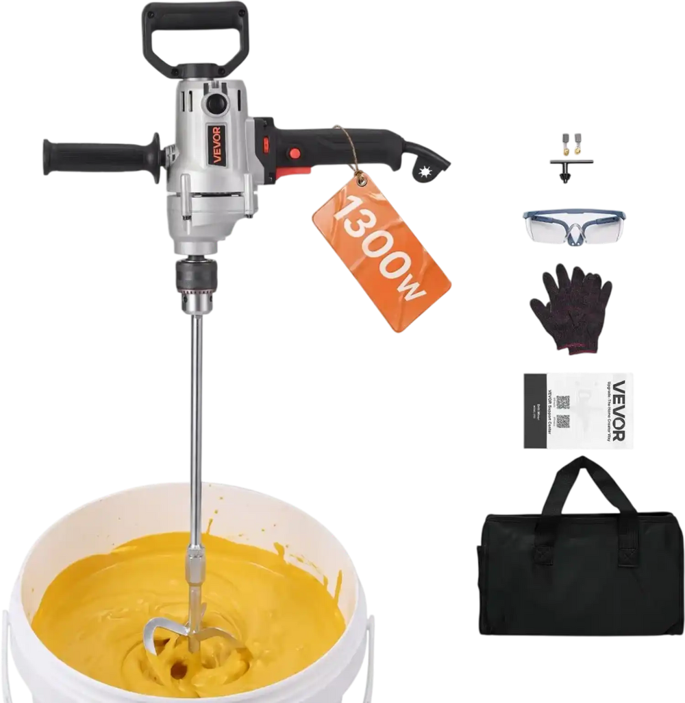 VEVOR Drill Mixer 5/8 inch 11.7 Amp 1300 W Corded Electric Drill Mixer Set, For Drilling & Mixing Cement Clay Paint, 0-1050 RPM 6-Speed Adjustment, Handheld Cement Mixer with 360° Adjustable Handle