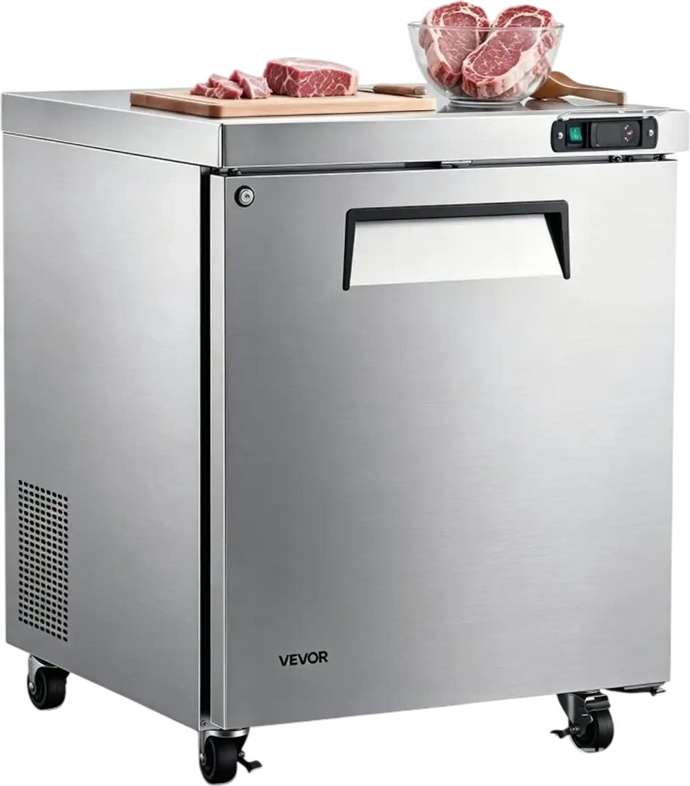 VEVOR 31"W Commercial Freezer -8℉ to 0℉ Defrost Undercounter Worktop, 7.2 Cu. Ft Mobile Prep Frozen, 1 Door Stainless Steel Freezers with Lock, LED Light, Heavyload Top for Restaurant Kitchen
