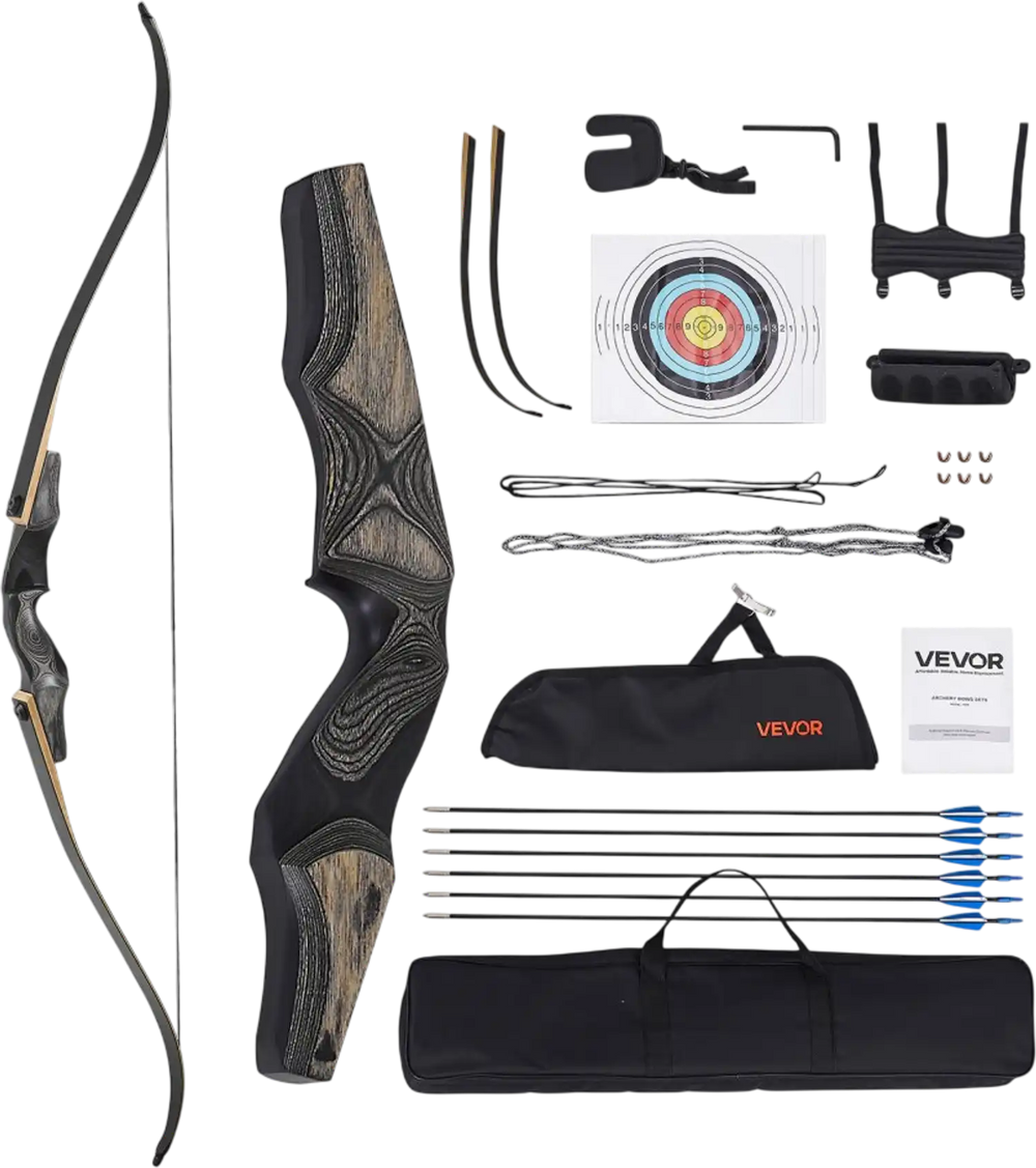 VEVOR Recurve Bow and Arrows Kit, 60 inch Wooden Takedown Bows, Right Handed Ergonomic Archery Recurve Bow Package, Longbow for Outdoor Target Training Practice Hunting, Beginners to Advanced, 35 lbs