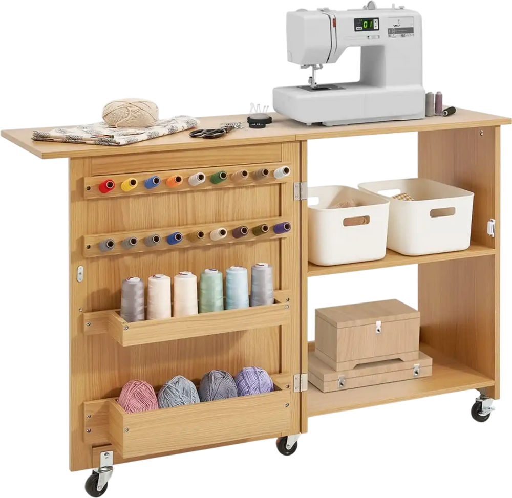 VEVOR Folding Sewing Table, Multipurpose Sewing Machine Table with Compact Design, Wheels, Shelves, Storage Trays, Wooden Pegs, and Magnetic Doors, Sewing Desk Cabinet for Sewing Machine, Wood Color