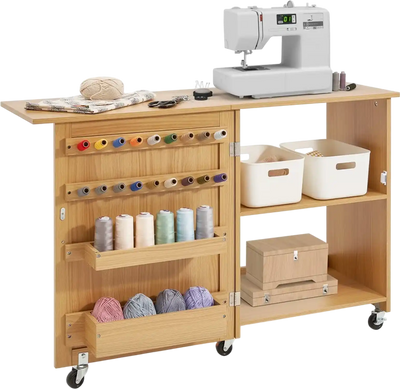VEVOR Folding Sewing Table, Multipurpose Sewing Machine Table with Compact Design, Wheels, Shelves, Storage Trays, Wooden Pegs, and Magnetic Doors, Sewing Desk Cabinet for Sewing Machine, Wood Color