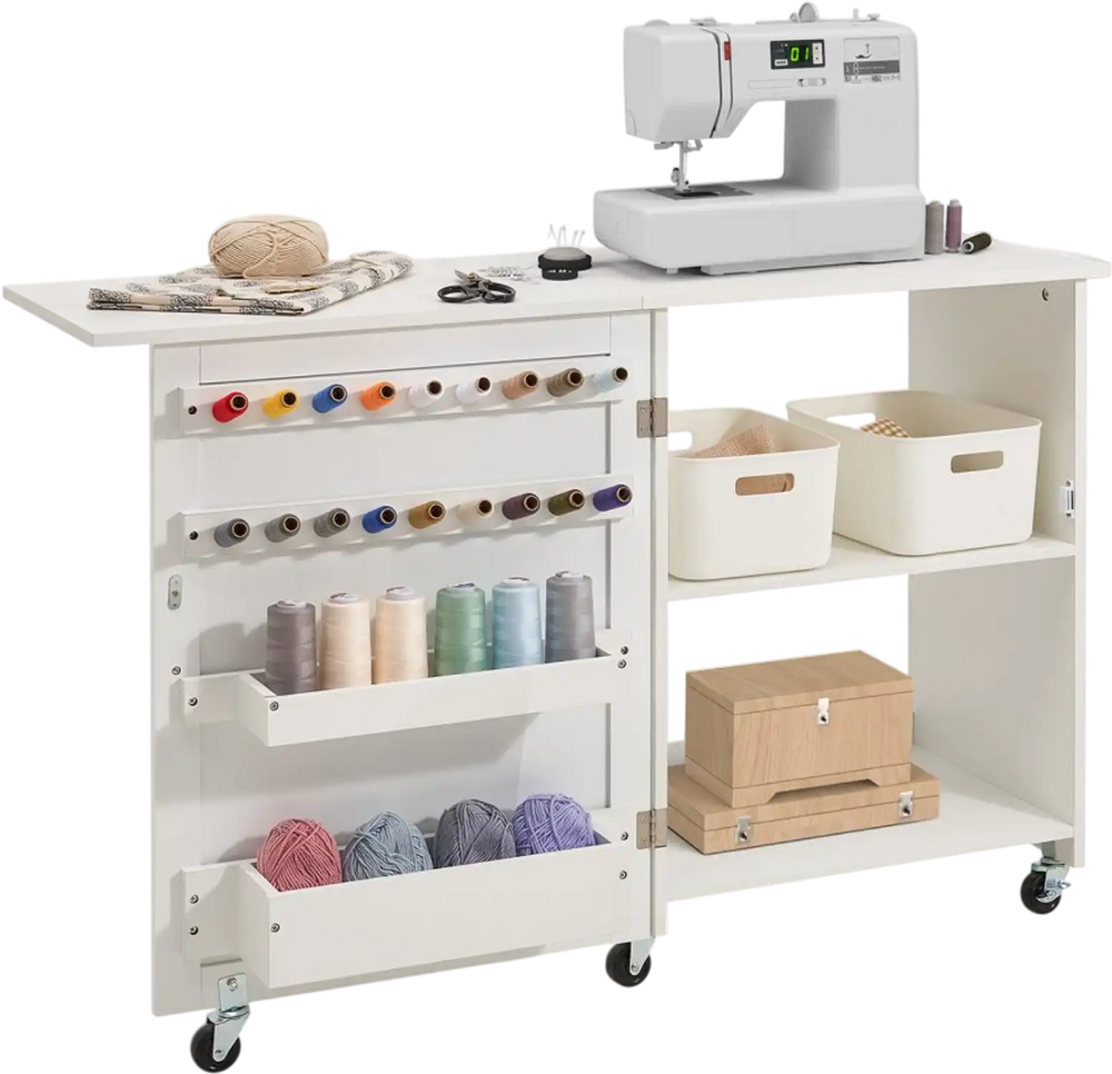 VEVOR Folding Sewing Table, Multipurpose Sewing Machine Table with Compact Design, Wheels, Shelves, Storage Trays, Wooden Pegs, and Magnetic Doors, Sewing Desk Cabinet for Sewing Machine, White