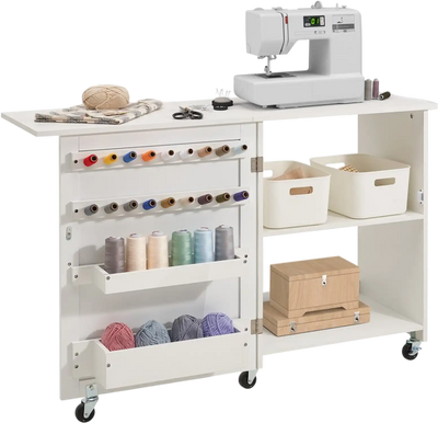 VEVOR Folding Sewing Table, Multipurpose Sewing Machine Table with Compact Design, Wheels, Shelves, Storage Trays, Wooden Pegs, and Magnetic Doors, Sewing Desk Cabinet for Sewing Machine, White