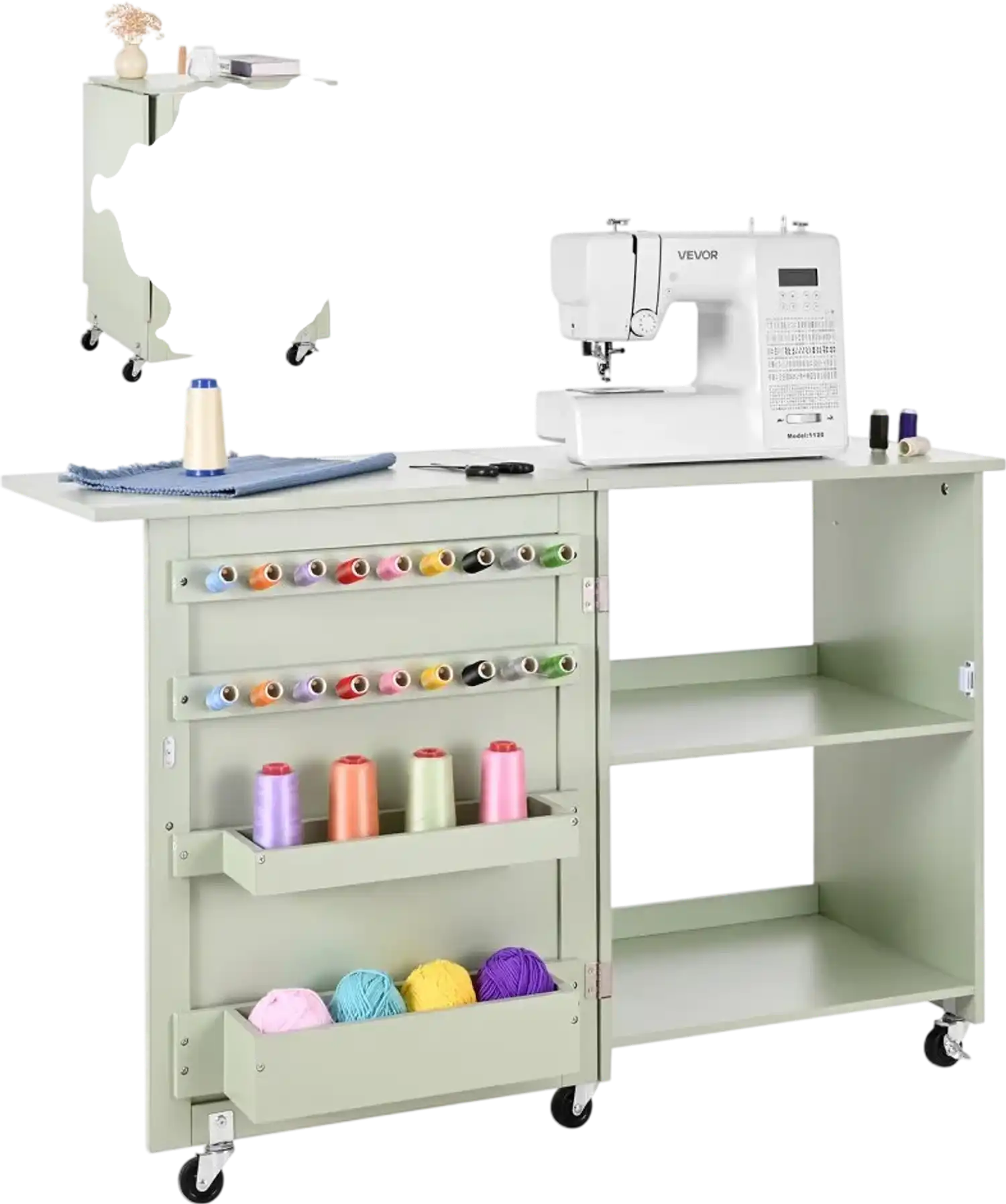Vevor Sewing Table Folding Craft Station with Storage and Wheels Light Green New