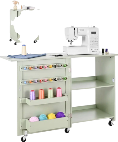 VEVOR Folding Sewing Table, Multipurpose Sewing Machine Table with Compact Design, Wheels, Wooden Pegs, Storage Trays and Shelf, Magnetic Door Lock, Craft Station and Side Desk for Home, Light Green