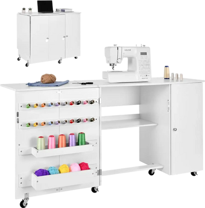 VEVOR Folding Sewing Table, Multipurpose Sewing Machine Table with Cabinet, Compact Design, Wheels, Wooden Pegs, Storage Trays and Shelf, Magnetic Door, Craft Station and Side Desk for Home, White