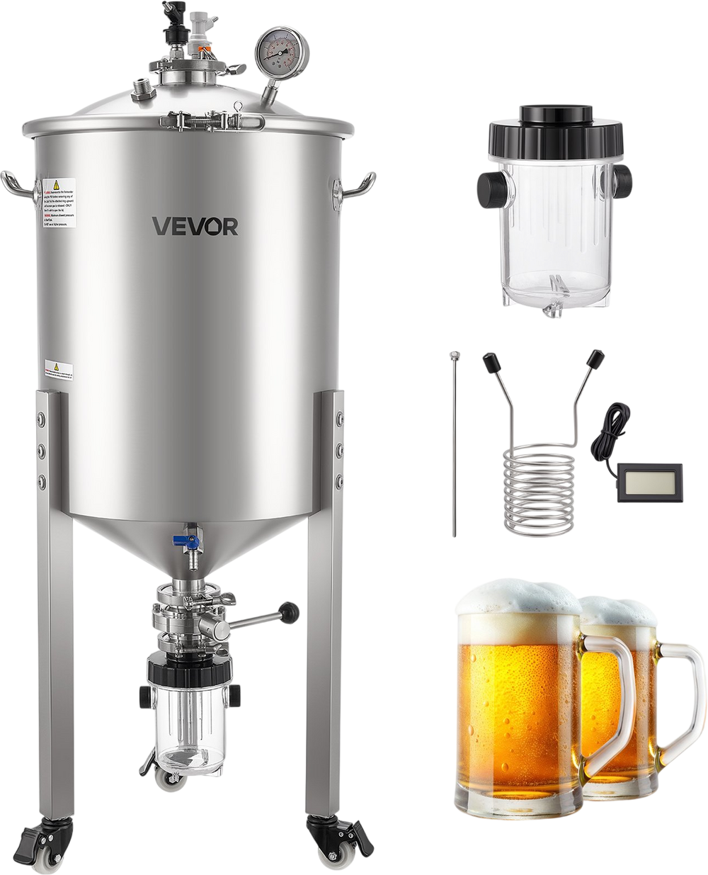 VEVOR Pressure Fermenter 15 PSI, 16 Gal/60L All-in-One Stainless Steel Conical Secondary Fermentation Bucket, with Cooling Tube, Yeast Slurry Collection Bottle, for Wine, Beer Brewing Equipment