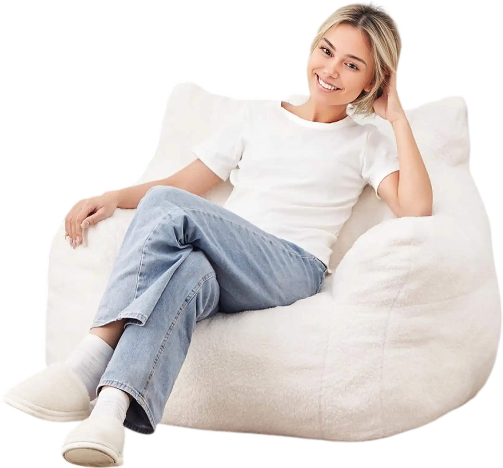 Vevor Bean Bag Chair 3' Memory Foam Lounge Chair with Armrests and Storage Pocket White New