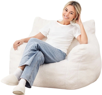 VEVOR Bean Bag Chair, 3 feet Bean Bag Chair with Soft Armrests and Storage Pocket, 25D Memory Foam Filled with Soft Teddy Velvet Cover, Bean Bag for Bedroom or Playroom, White