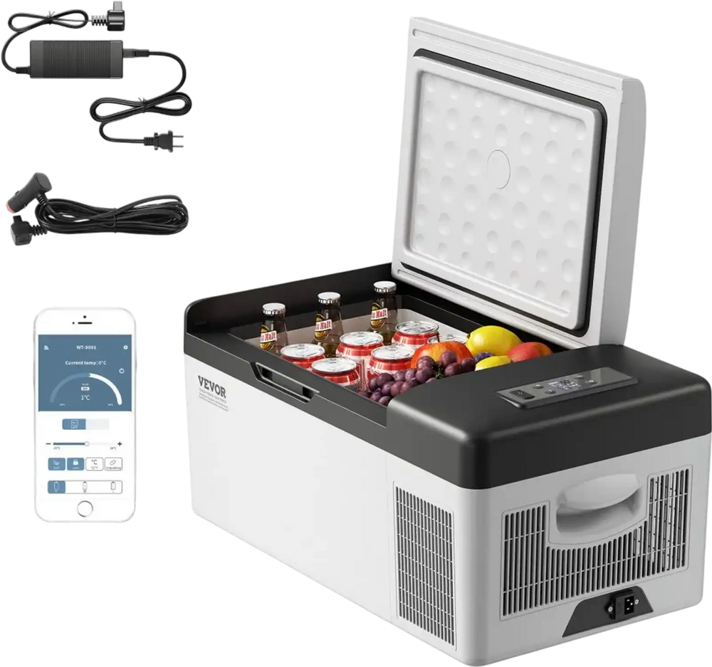 VEVOR 12 Volt Refrigerator 16 Qt, Portable Mini Car Fridge with -4℉-68℉ Cooling Range & App Control 12/24V DC & 110-240V AC Electric Compressor Cooler for Truck Vehicle RV Boat Outdoor & Home Use, Gre