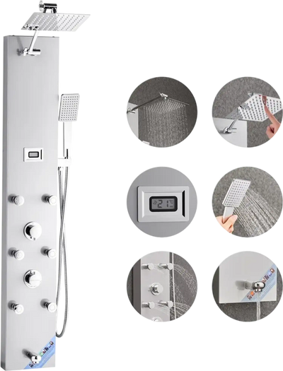 VEVOR Shower Panel Tower System with Rainfall Shower Head, LED, 49 in Brushed Stainless Steel Shower Column, 4-Function Faucet, Wall-Mount Rain Massage System with 6 Body Jets, Handheld, and Tub Spout