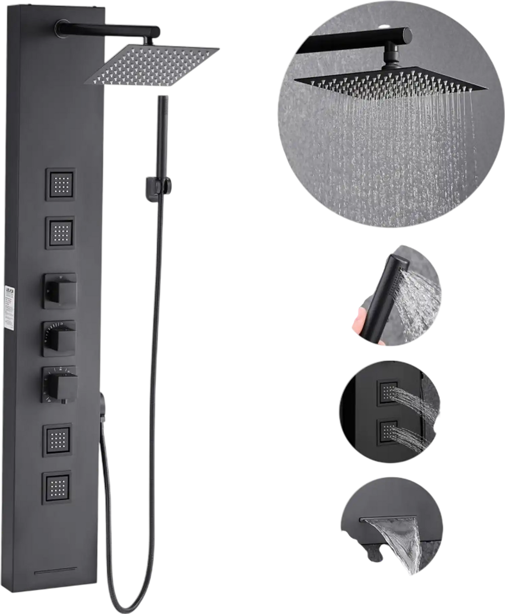 VEVOR Shower Panel Tower System with Rainfall Shower Head, 49 in Brushed Stainless Steel Shower Column, 4-Function Faucet, Wall-Mount Rain Massage System, with 4 Body Jets,  Handheld, and Tub Spout
