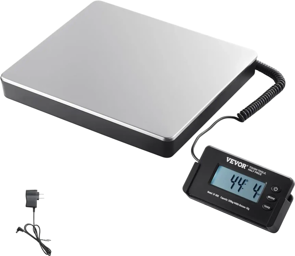VEVOR Digital Shipping Scale, 440 lbs x 1.7 oz. Heavy Duty Postal Scale with Timer, Tare Function, HD LCD Screen Portable Package Scale for Luggage, Home, Post Office, AC/DC Powered, FCC Listed