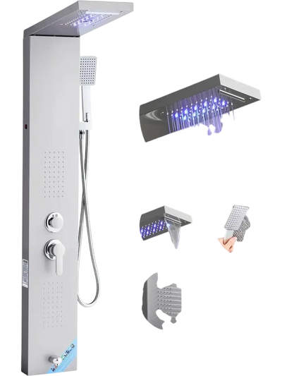 VEVOR Shower Panel Tower System with Rainfall Waterfall Shower Head, LED, 53 in Brushed Stainless Steel Shower Column, 5-Function Faucet, Wall-Mount Rain Massage System, with Handheld, Tub Spout