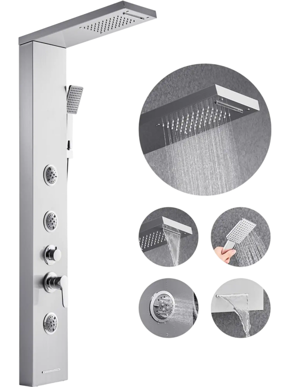 VEVOR Shower Panel Tower System with Rainfall Waterfall Shower Head, 53 in Brushed Stainless Steel Shower Column, 5-Function Faucet, Wall-Mount Rain Massage System with 3 Body Jet, Handheld, Tub Spout