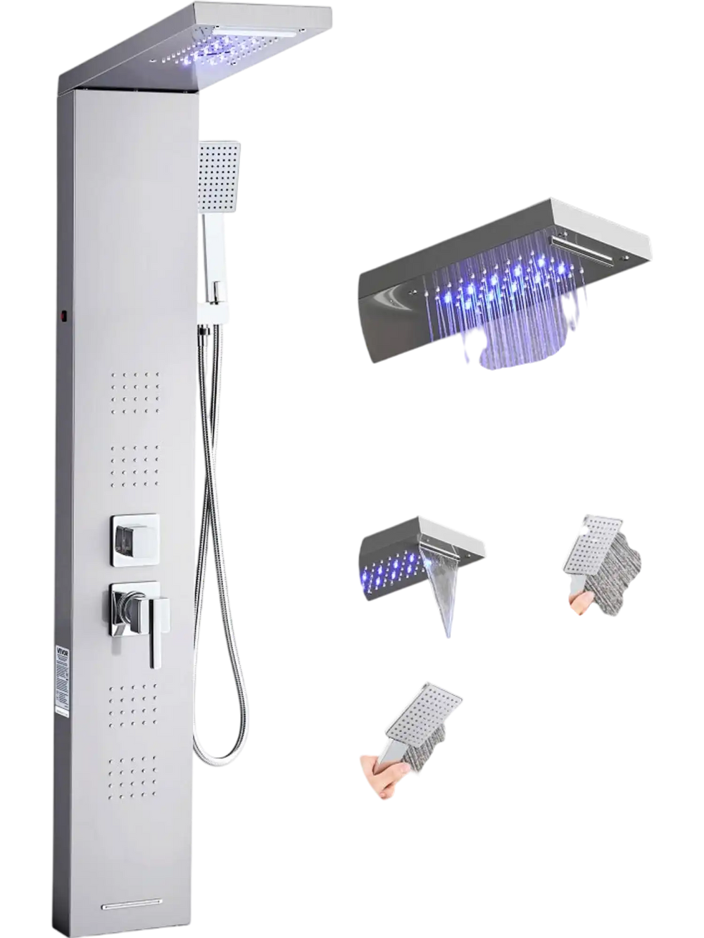 VEVOR Shower Panel Tower System with Rainfall Waterfall Shower Head, LED, 53 in Brushed Stainless Steel Shower Column, 5-Function Faucet, Wall-Mount Rain Massage System, with Handheld and Tub Spout