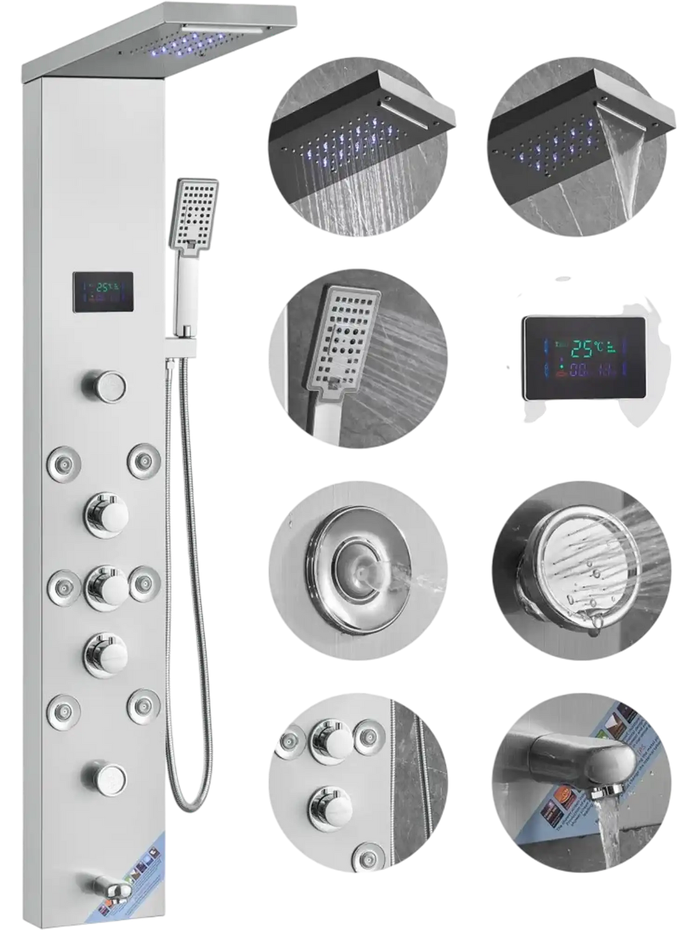 VEVOR Shower Panel System, 6 Shower Modes, LED & Screen Hydroelectricity Shower Panel Tower, Rainfall, Waterfall, 8 Massage Jets, Tub Spout, Handheld Shower, Stainless Steel Wall-Mounted Shower Set