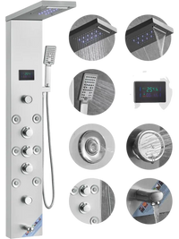 VEVOR Shower Panel System, 6 Shower Modes, LED & Screen Hydroelectricity Shower Panel Tower, Rainfall, Waterfall, 8 Massage Jets, Tub Spout, Handheld Shower, Stainless Steel Wall-Mounted Shower Set