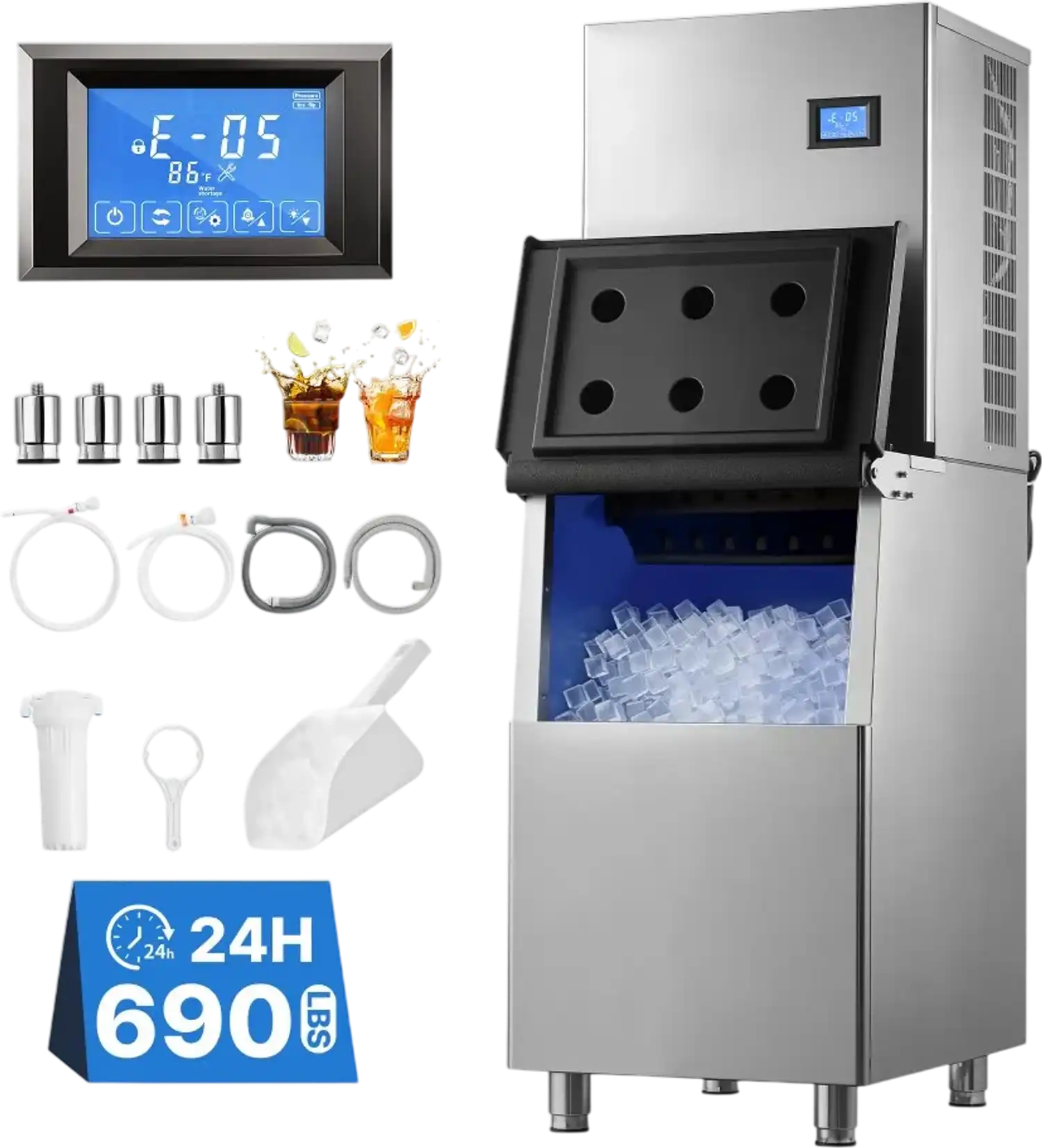 Vevor Commercial Ice Maker Machine 690 lbs/24H Freestanding Stainless Steel with 250 lbs Storage Bin New