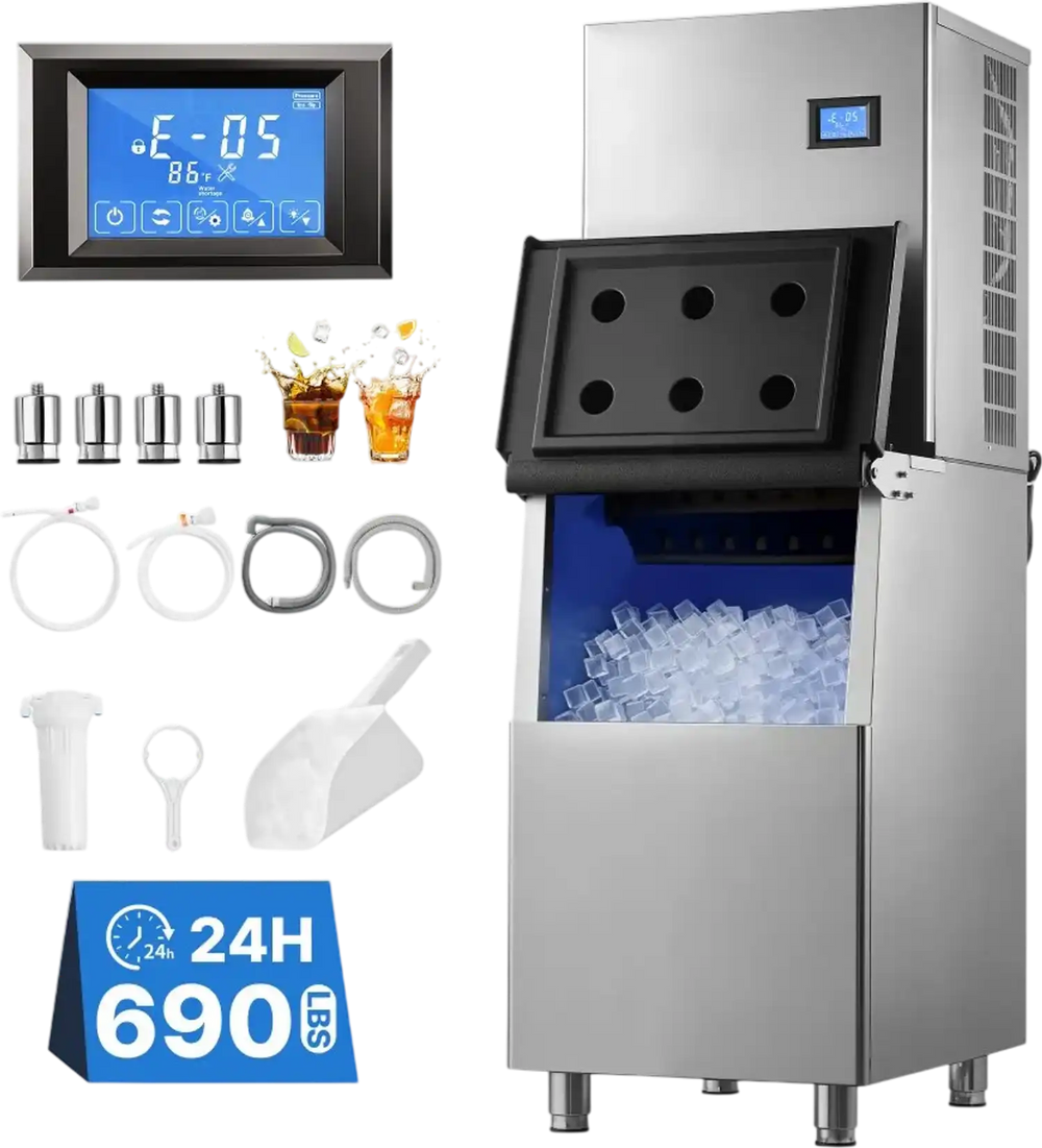 VEVOR Commercial Ice Maker Machine 690 Lbs/24H Ice-Making Stainless Steel, for Bar Cafe Restaurant Business, Ice Ready in 15 Mins, Freestanding with 250 Lbs Ice Storage Bin and Auto Self-Cleaning