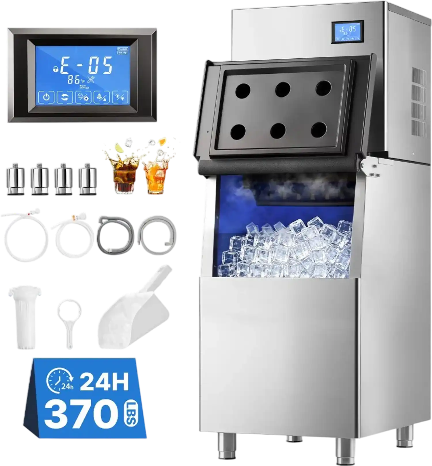 Vevor Commercial Ice Maker Machine 370 lbs/24H Stainless Steel Freestanding Ice Maker with 250 lbs Storage Bin New